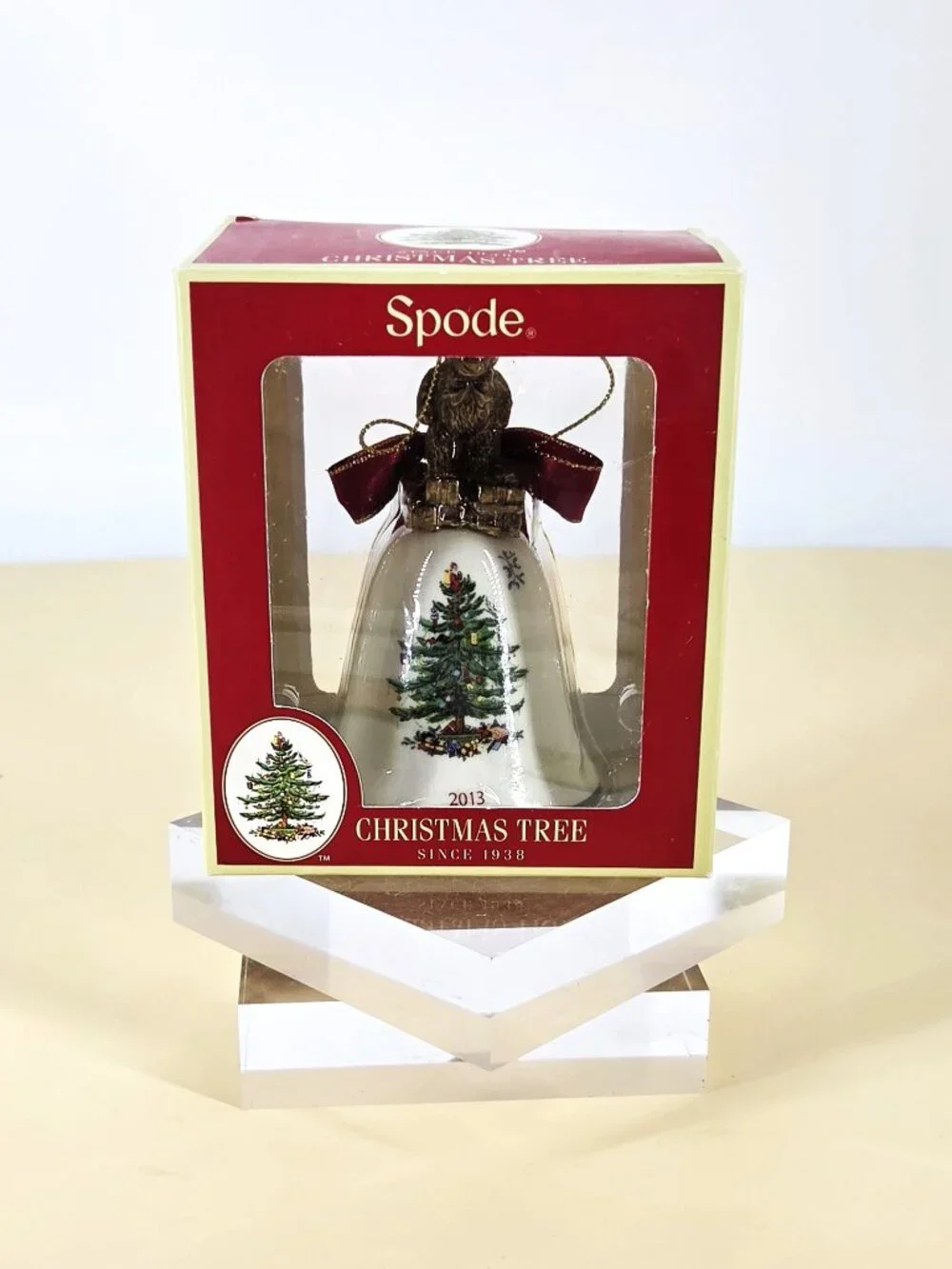 Spode 2013 Teddy Bear Christmas Tree Porcelain Bell Ornament Red Ribbon Bow NOS